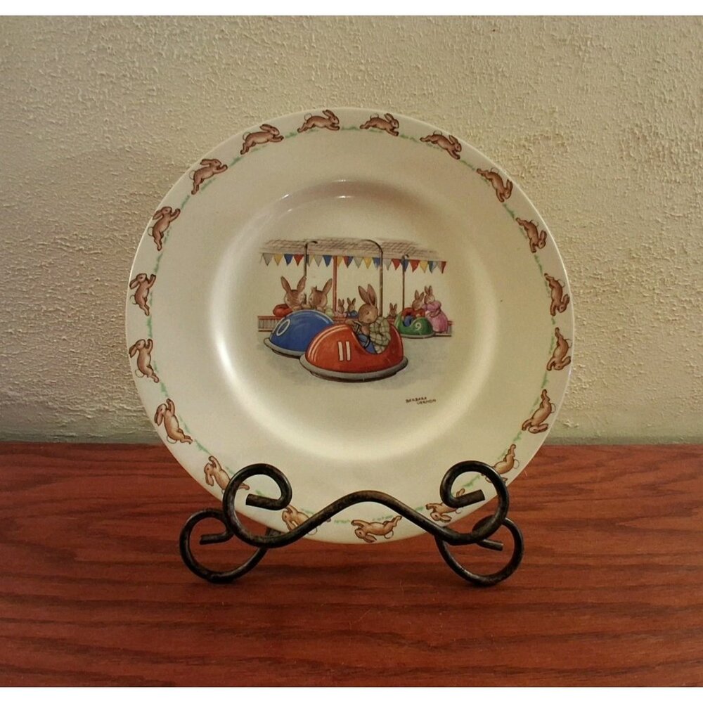 Royal Doulton BunnyKins Plate Bumper Cars Day Barbara Vernon Vintage Bunny 1940